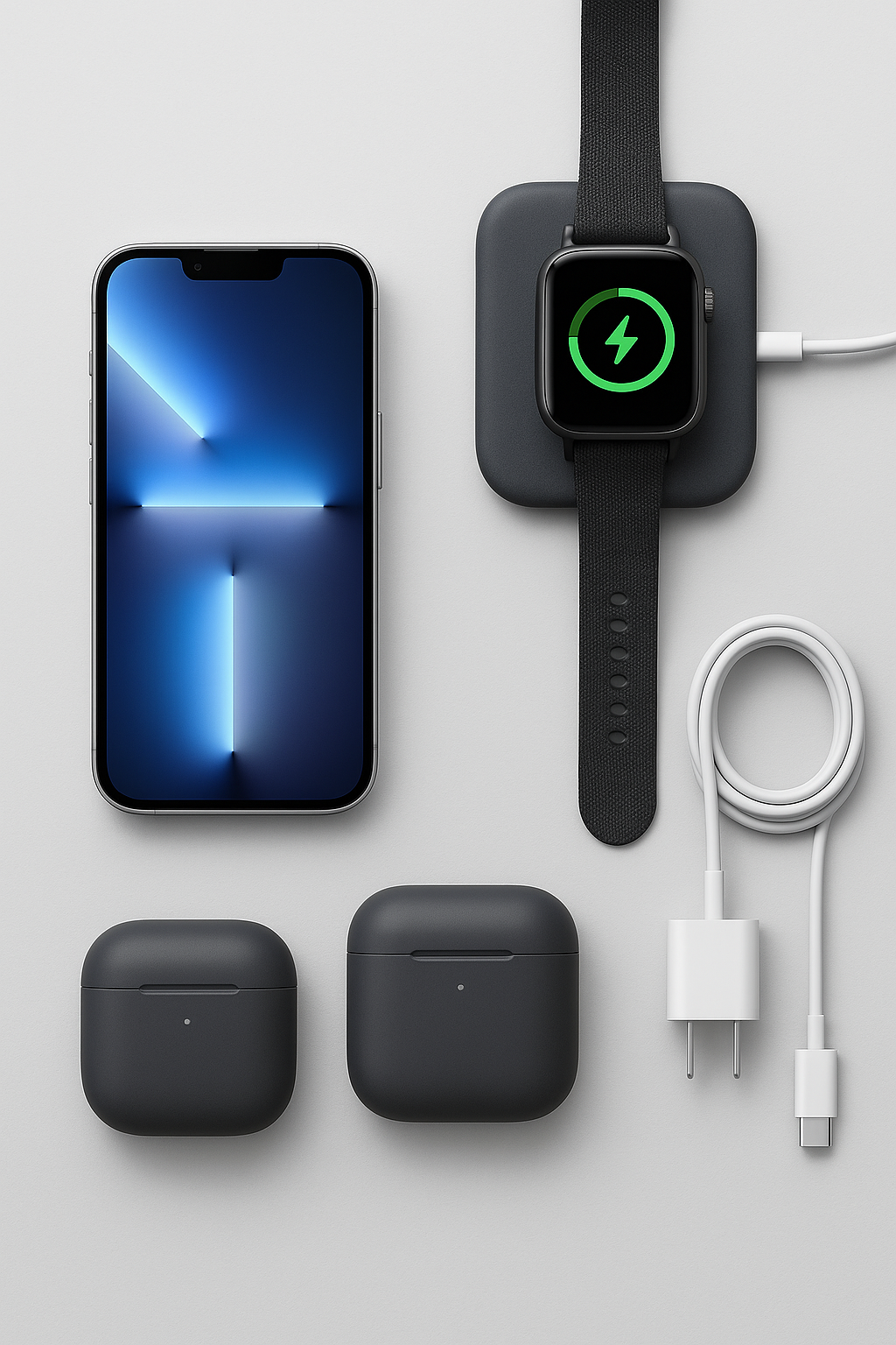 Smartphone, smartwatch, wireless earbuds, and charging cable on a light gray background