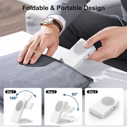 Compact 3-in-1 Foldable Wireless Magnetic Charger for iPhone, Watch & AirPods