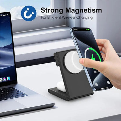 Compact 3-in-1 Foldable Wireless Magnetic Charger for iPhone, Watch & AirPods