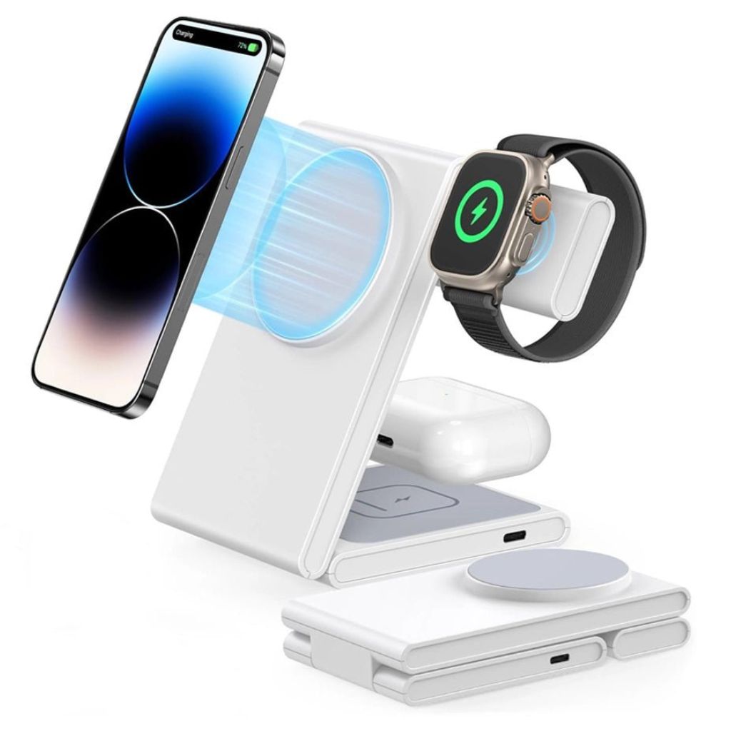 Compact 3-in-1 Foldable Wireless Magnetic Charger for iPhone, Watch & AirPods