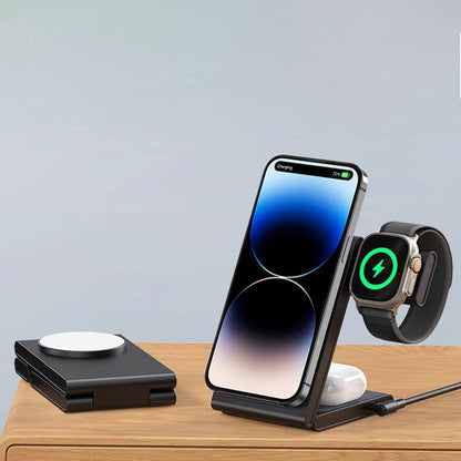 Compact 3-in-1 Foldable Wireless Magnetic Charger for iPhone, Watch & AirPods