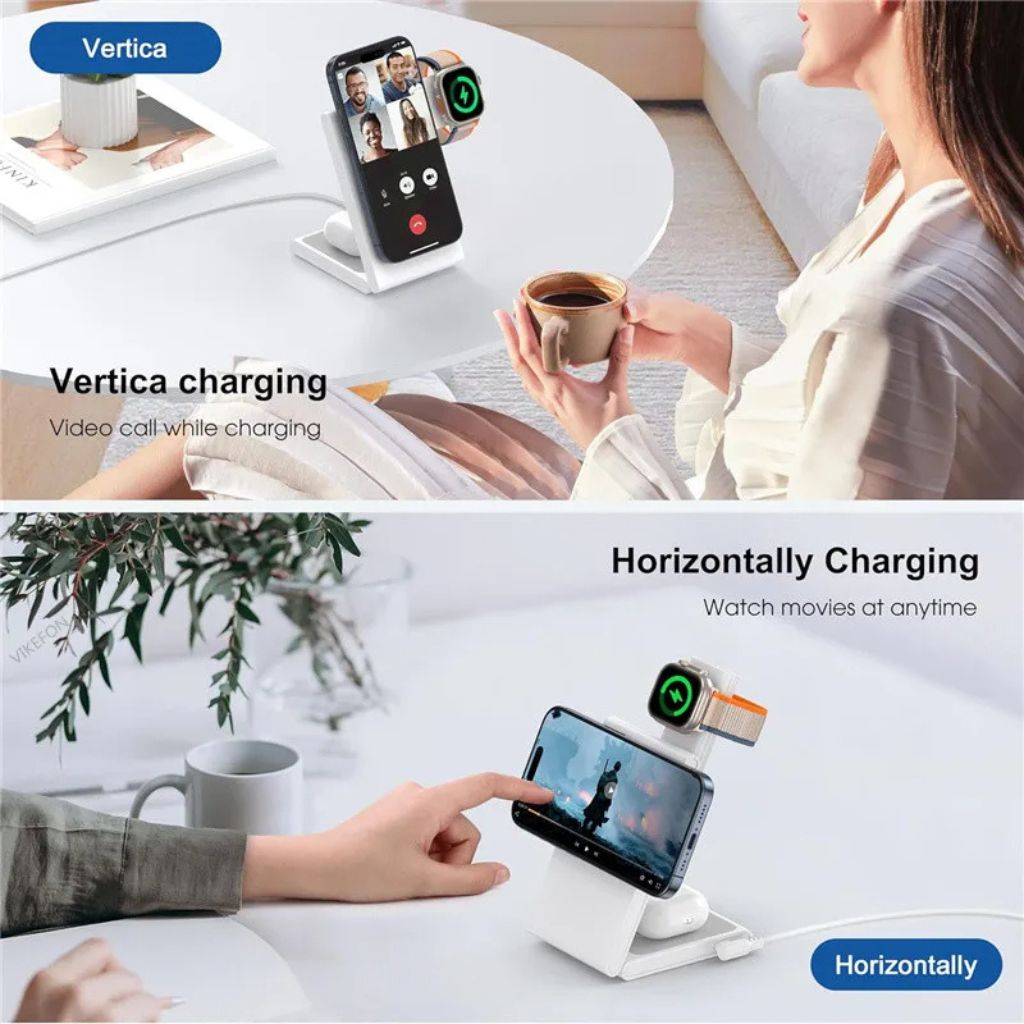 Compact 3-in-1 Foldable Wireless Magnetic Charger for iPhone, Watch & AirPods