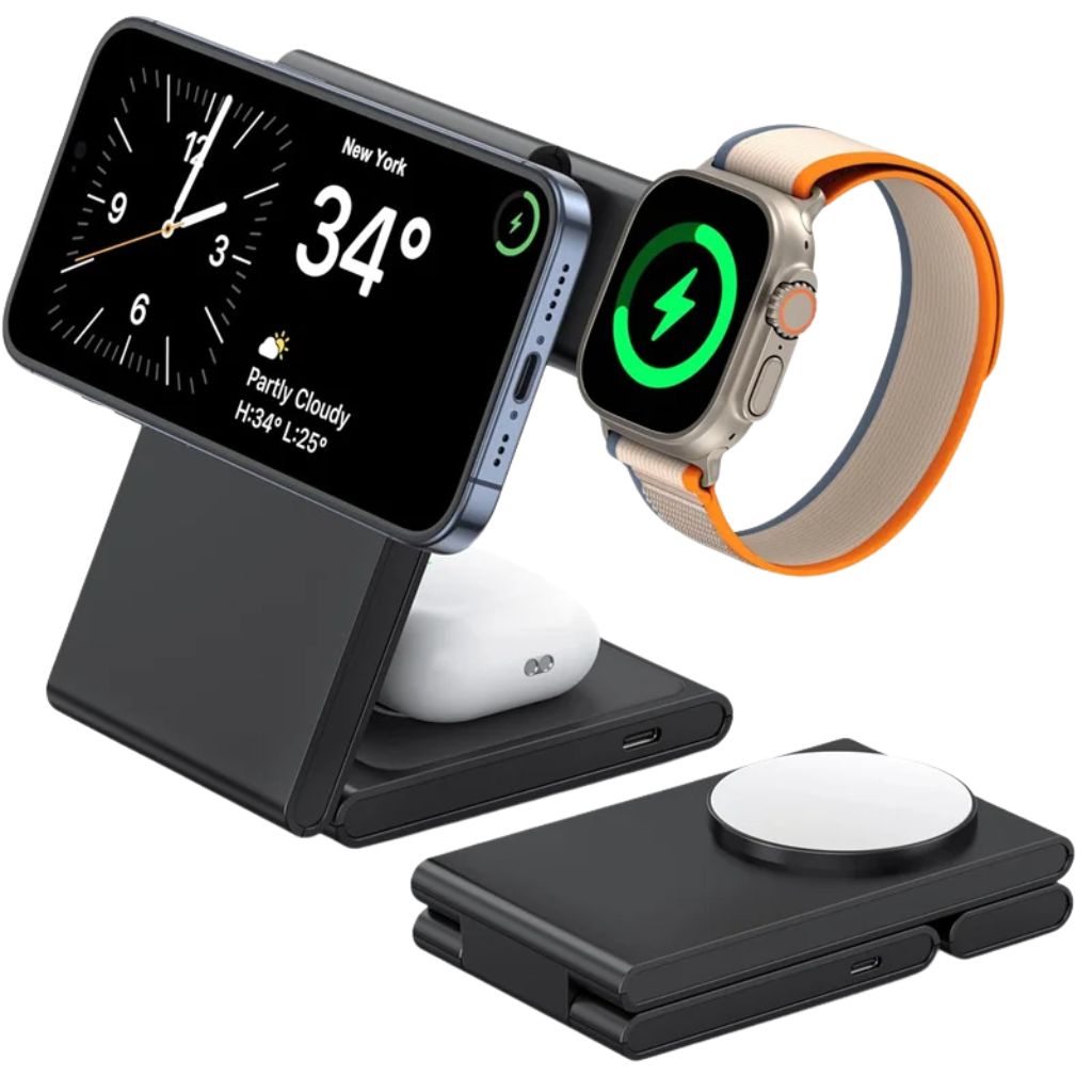 Compact 3-in-1 Foldable Wireless Magnetic Charger for iPhone, Watch & AirPods
