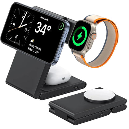 Compact 3-in-1 Foldable Wireless Magnetic Charger for iPhone, Watch & AirPods