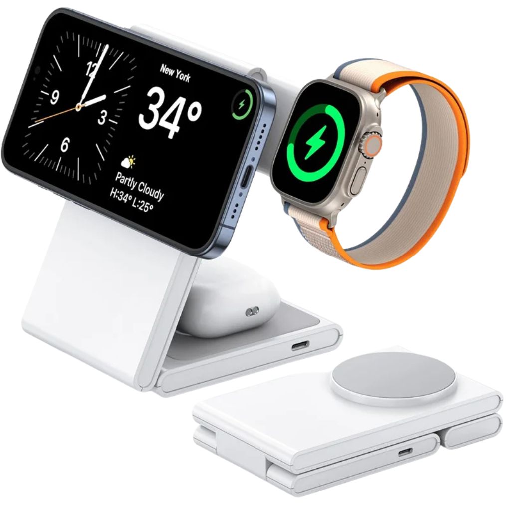 Compact 3-in-1 Foldable Wireless Magnetic Charger for iPhone, Watch & AirPods