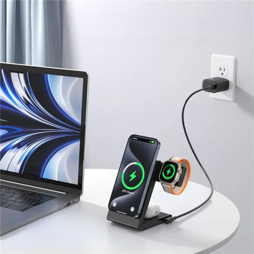Compact 3-in-1 Foldable Wireless Magnetic Charger for iPhone, Watch & AirPods