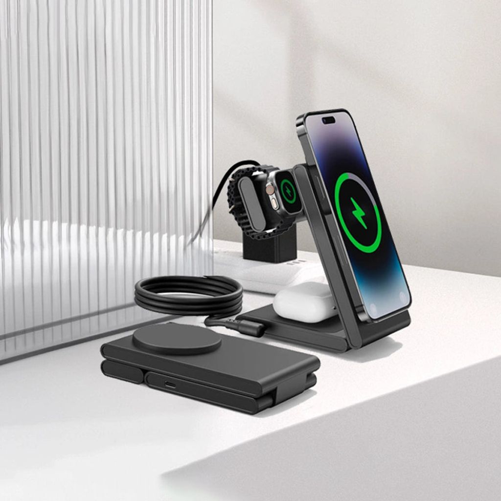 Compact 3-in-1 Foldable Wireless Magnetic Charger for iPhone, Watch & AirPods